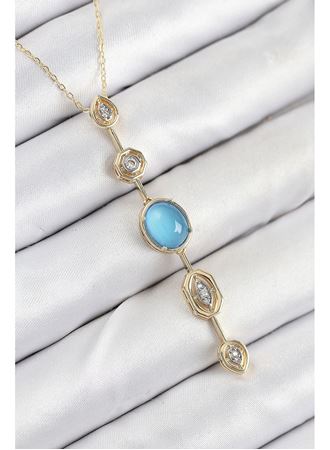 Pirinç Zincir Mavi Gold Renk Zirkon Taşlı Y Kolye