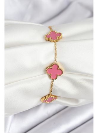 316L Çelik Gold Zincir Pembe Yonca Renk Bileklik
