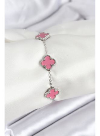 316L Çelik Gümüş Zincir Pembe Renk Yonca Bileklik