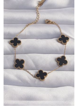 316L Çelik Gold Renk Siyah Mineli Yonca Bileklik