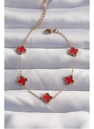 316L Çelik Baby Boy Gold Renk Kırmızı Mineli Yonca Bileklik