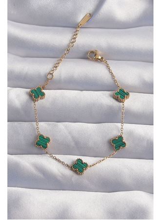 316L Çelik Baby Boy Gold Renk Çizgili Yeşil Mineli Yonca Bileklik