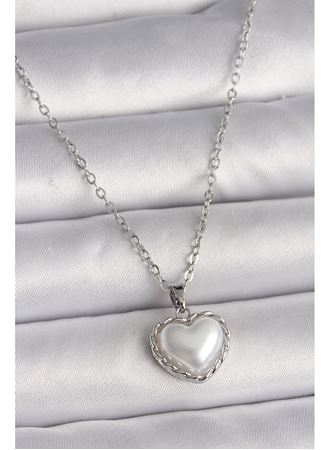 316L Çelik Gümüş Renk Zincir 3D İnci Kalp Model Kadın Kolye