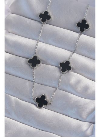 316L Çelik Gümüş Renk Siyah Mineli Yonca Kolye