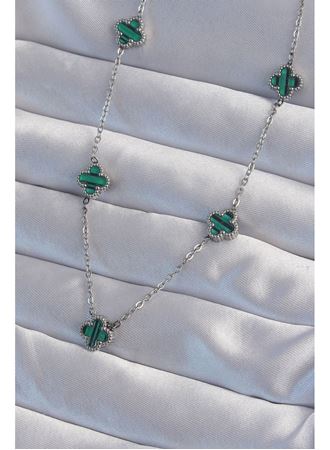 316L Çelik Gümüş Renk Minimal Yeşil Mineli Yonca Kolye