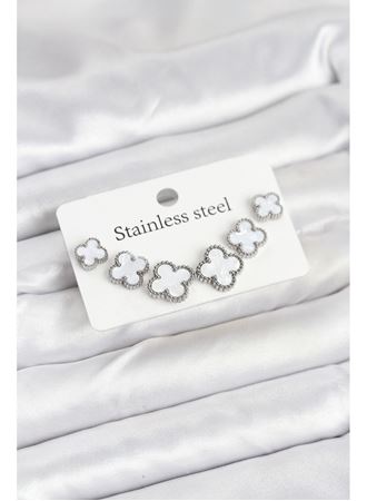 316L Çelik Gümüş Beyaz Renk 3 Boy Yonca Küpe Seti