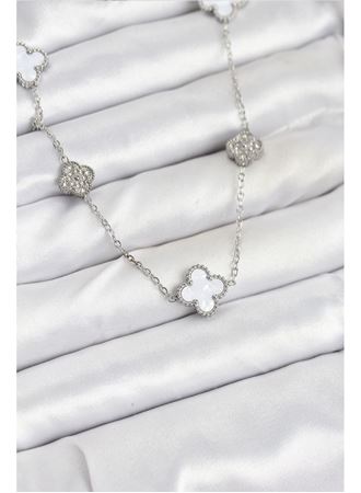 316L Çelik Zincir Gümüş Renk Beyaz ve Zirkon Taşlı Yonca Kadın Kolye