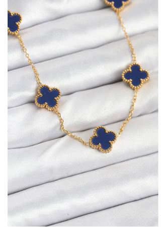 316L Çelik Zincir Gold Renk Lacivert Yonca Kadın Kolye