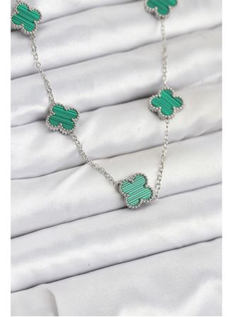 316L Çelik Zincir Gümüş Renk Yeşil Yonca Kadın Kolye