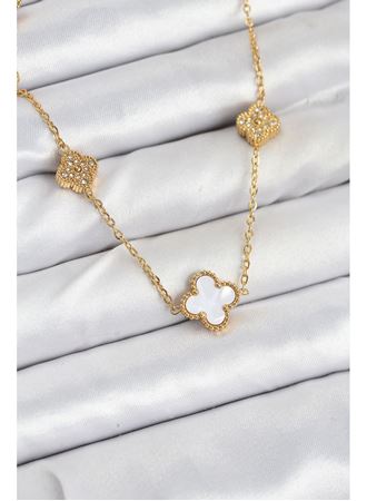 316L Çelik Zincir Gold Renk Beyaz ve Zirkon Taşlı Yonca Kadın Kolye