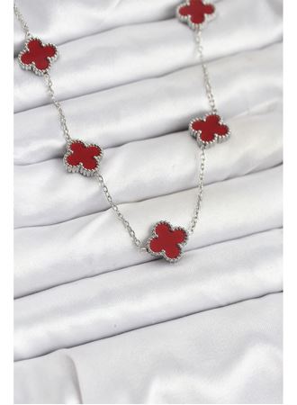 316L Çelik Zincir Gümüş Renk Bordo Renk Yonca Kadın Kolye