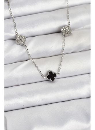 316L Çelik Zincir Gümüş Renk Siyah ve Zirkon Taşlı Baby Boy Yonca Kadın Kolye
