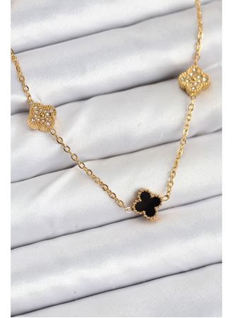 316L Çelik Zincir Gold Renk Siyah ve Zirkon Taşlı Baby Boy Yonca Kadın Kolye