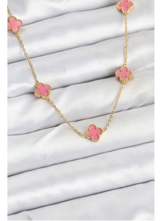 316L Çelik Zincir Gold Renk Pembe Baby Boy Yonca Kadın Kolye