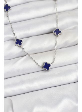 316L Çelik Zincir Gümüş Renk Lacivert Baby Boy Yonca Kadın Kolye