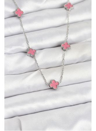 316L Çelik Zincir Gümüş Renk Pembe Baby Boy Yonca Kadın Kolye