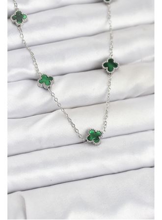 316L Çelik Zincir Gümüş Renk Yeşil Baby Boy Yonca Kadın Kolye