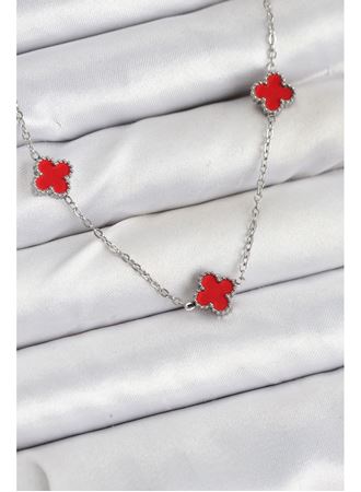 316L Çelik Zincir Gümüş Renk Kırmızı Baby Boy Yonca Kadın Kolye
