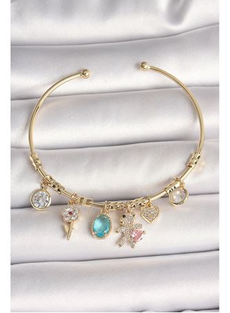 Pirinç Gold Renk Sallantı Zirkon Taşlı AYıcık Figür Kalp Detay Charm Kadın Bileklik