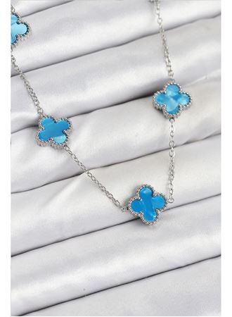 316L Çelik Zincir Gümüş Buz Mavisi Renk Yonca Kadın Kolye