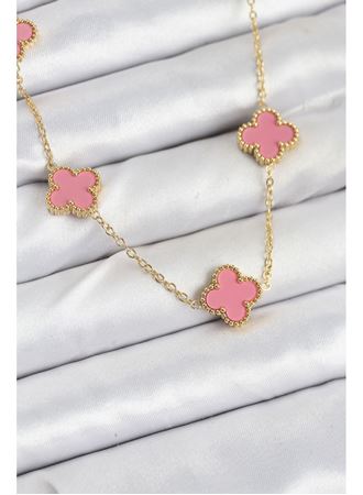 316L Çelik Zincir Gold Pembe Renk Yonca Kadın Kolye
