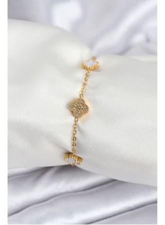 316L Çelik Gold Renk Beyaz ve Zirkon Taşlı Baby Boy Yonca Kadın Bileklik