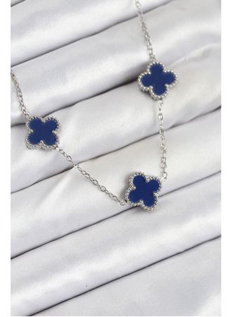 316L Çelik Zincir Gümüş Lacivert Renk Yonca Kadın Kolye