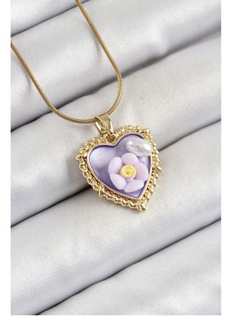 316L Çelik Zincir Mor Sanatsal Portre İnci Detaylı Papatya Figürlü Kalp Model Gold Renk Kadın Kolye
