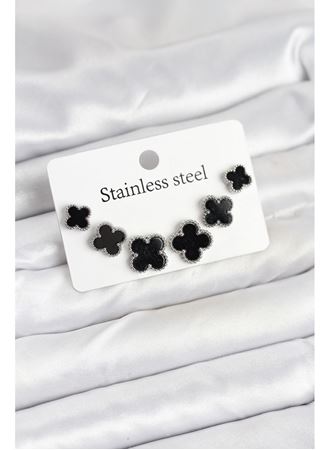 316L Çelik Gümüş Siyah Renk 3 Boy Yonca Küpe Seti