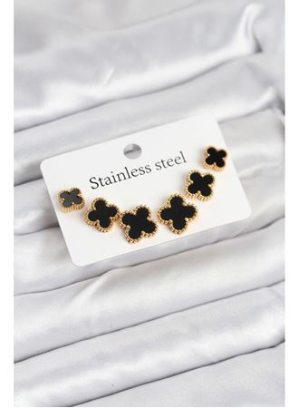 316L Çelik Gold Siyah Renk 3 Boy Yonca Küpe Seti