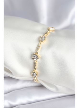Pirinç Gold Renk Zirkon Taşlı Kalpli Model Kadın Bileklik