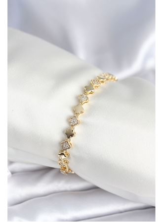 Pirinç Gold Renk Zirkon Taşlı Yonca Model Kadın Bileklik