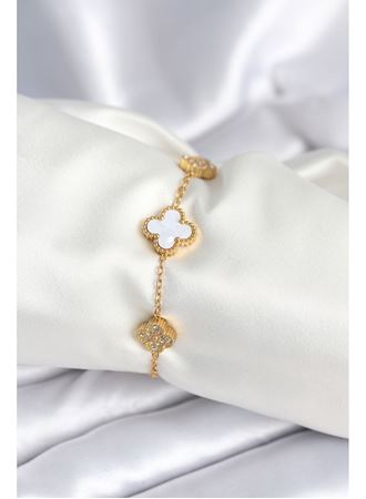 316L Çelik Zincir Zirkon Taşlı Yonca Beyaz Kadın Bileklik