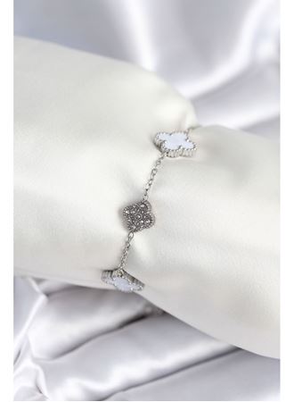 316L Çelik Zincir Gümüş Renk Zirkon Taşlı Yonca Beyaz Kadın Bileklik