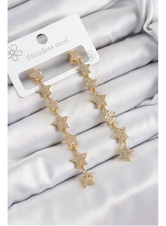 Pirinç Zirkon Taşlı Sallantılı Yıldız Model Gold Renk Kadın Küpe
