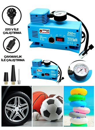 220 Volt-12 Volt 250 Psi Geniş Uygulama Yelpazesi Kompresör Lastik Hava Şişirme Oto Pompası (