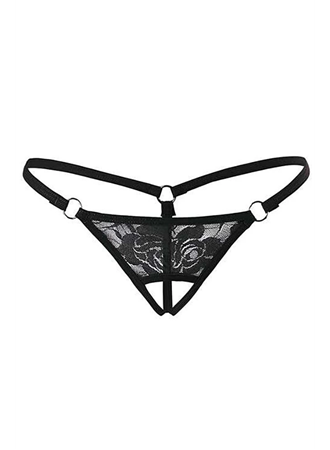 Siyah Dantelli Özel Bölgesi Açık G-String TM1167