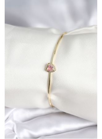 Pembe Zirkon Taşlı Kalp Model Gold Renk Kadın Bileklik