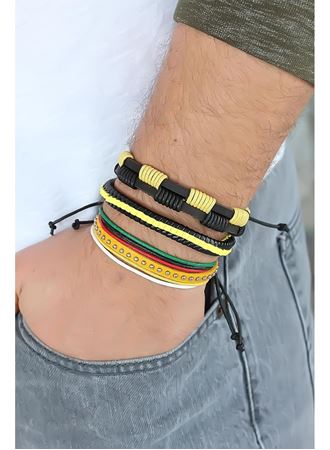 Sarı Renk Zımbalı Deri Erkek Bileklik Kombini