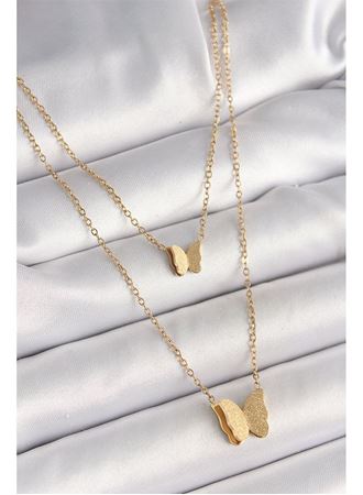 316L Çelik Gold Renk 2'Li Simli Kelebek Model Kadın Kolye