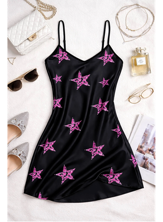 Yıldız Desenli Siyah Askılı Saten Gecelik