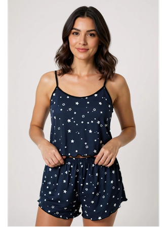 Yıldız Desenli Lacivert Şortlu Pijama Takımı