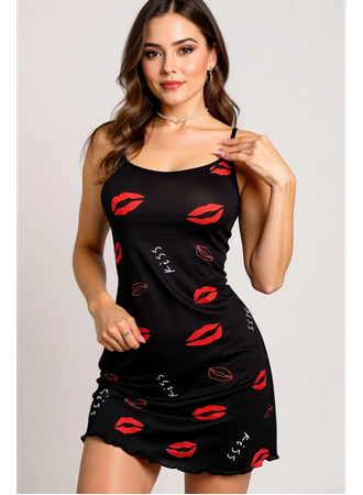 Dudak Desenli Siyah Askılı Gecelik