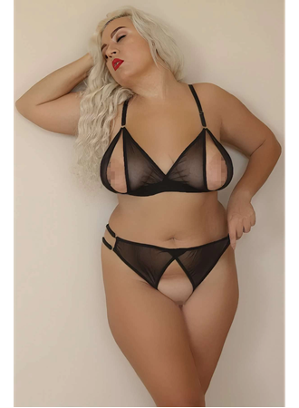 Özel Bölgeleri Açık Büyük Beden Siyah Transparan Fantazi Sütyen Takımı TM1306