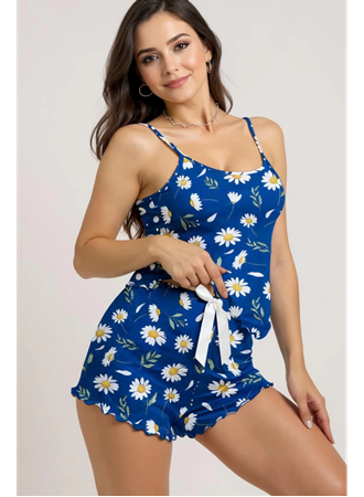 Papatya Desenli Mavi Askılı Şortlu Pijama Takımı