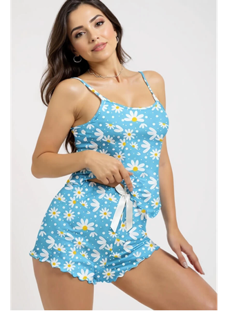 Papatya Baskılı Mavi Askılı Şortlu Pijama Takımı