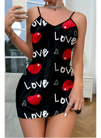 Love Desenli Siyah Saten Gecelik
