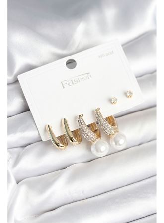 Pirinç Gold Renk Zirkon Taşlı İnci Detaylı 925 Ayar Gümüş Çivili Kadın Küpe Seti