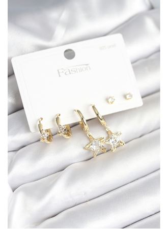 Pirinç Gold Renk Yıldız Model 925 Gümüş Çivili Kadın Küpe Seti