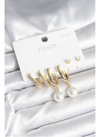 Pirinç Gold Renk İnci Detaylı 925 Ayar Gümüş Çivili Kadın Küpe Seti